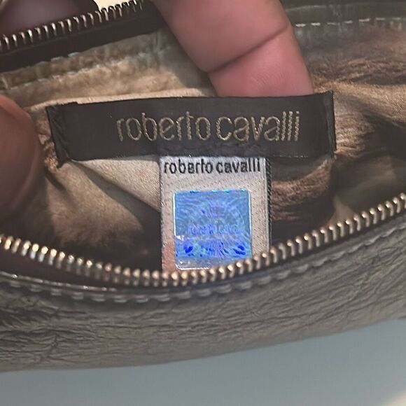 Roberto Cavalli Zip Top Pouch Bag Brown Leather Small Minimalist - Picture 6 of 14